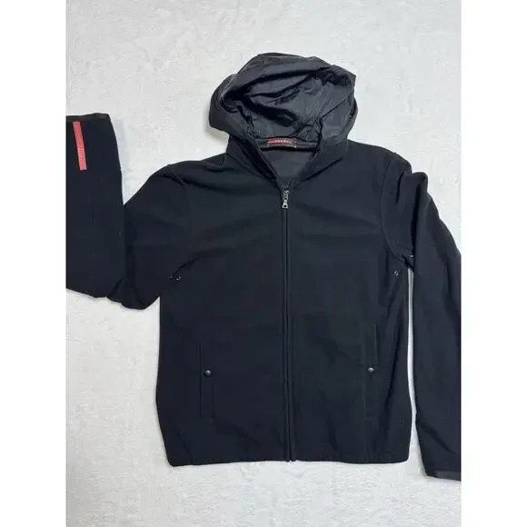 Prada Milano Red Tab Logo Full Zip Hooded Jacket In Black Womens Small